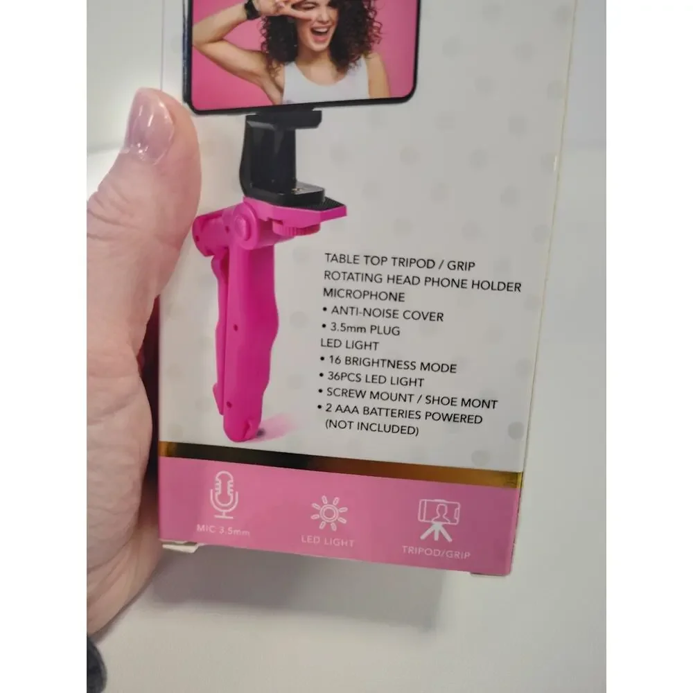 Isaac Mizrahi Vlogger Kit NEW Stand Light Mic Tripod Grip LED Pink